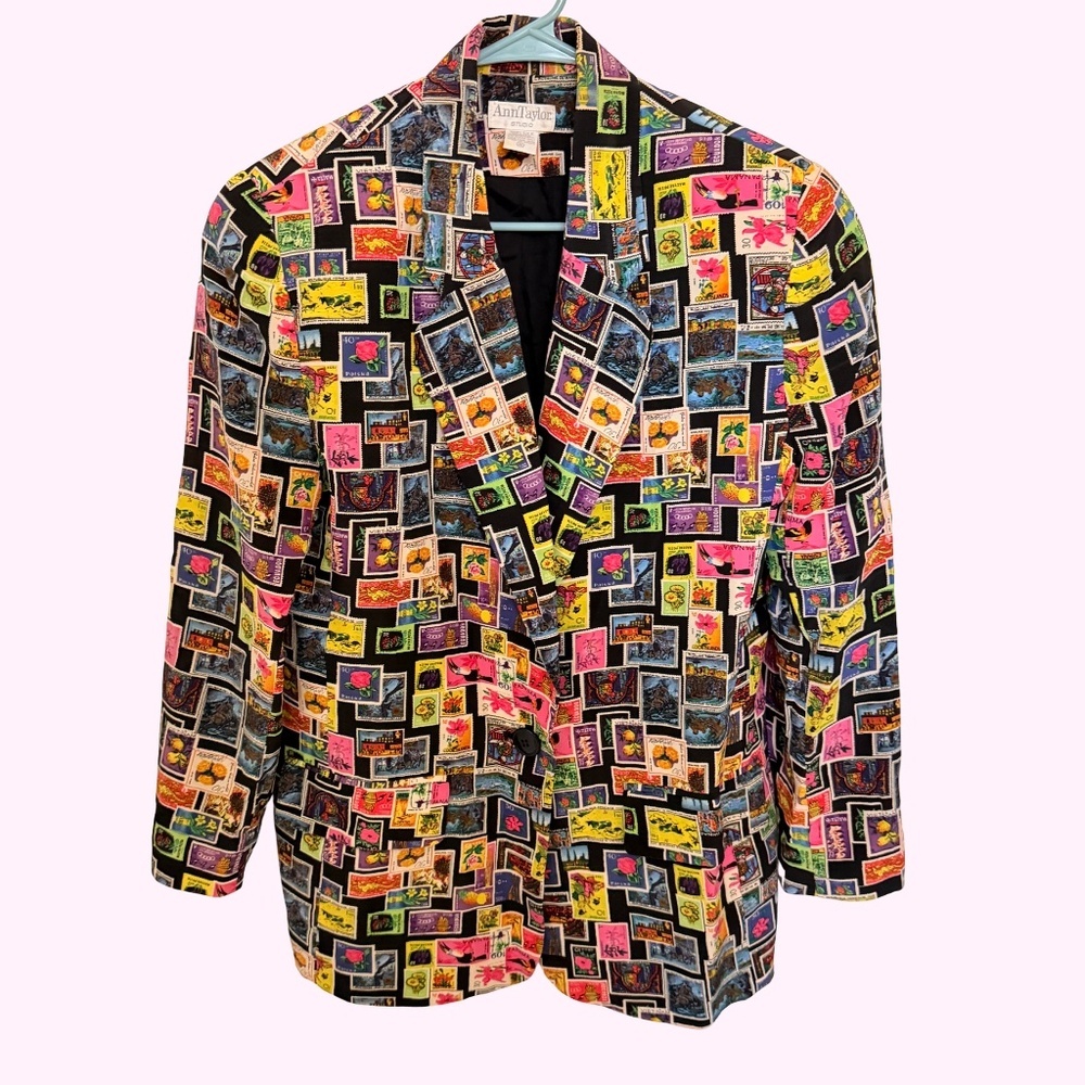 Vintage Ann Taylor Studio Silk Stamp Print Blazer Sz 8